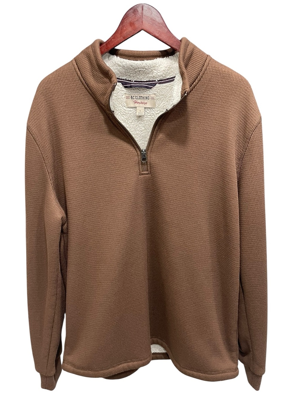 BC Clothing Men’s Brown Bonded Sherpa Lined Quarter Zip Pullover Top Size Large